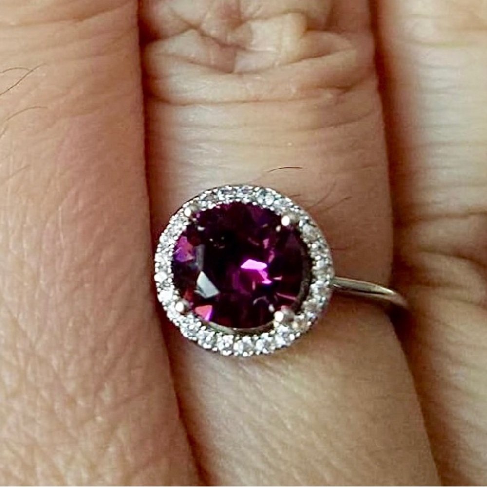 Dainty Amethyst Halo 14k White Gold February Birthstone Ring - Picture 6 of 11